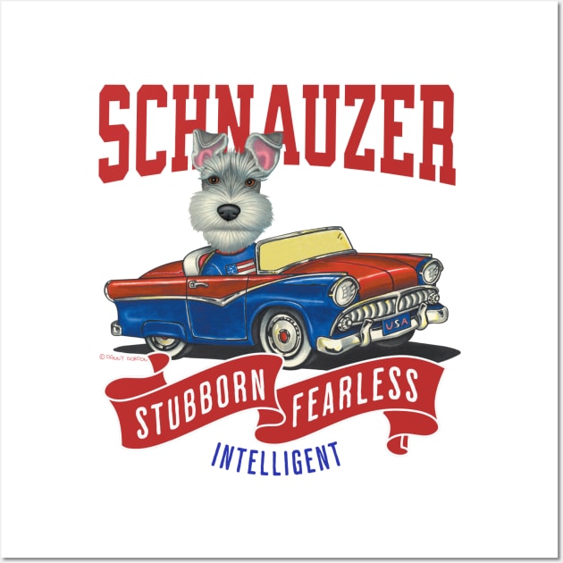 Humor funny cute schnauzer dog driving a classic retro vintage car with red white and blue flags Wall Art by Danny Gordon Art